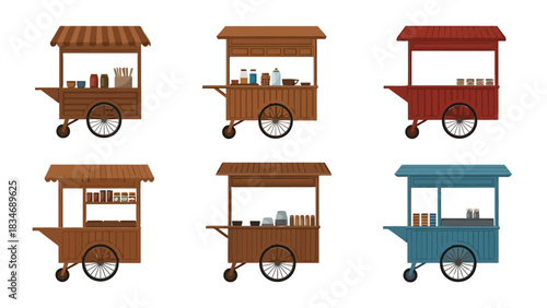 Collection of Various Colorful Food Stalls and Carts for Street Vendors Cafes and Markets