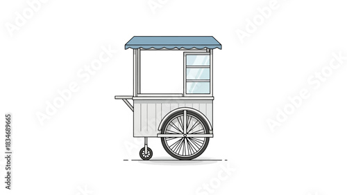 Vintage Style Wooden Food Cart with Wheels and Canopy Isolated on White Background