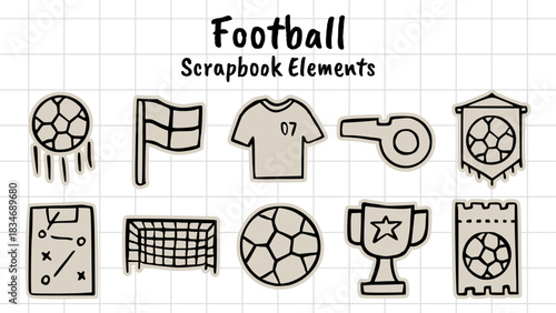 Football Soccer Doodle Scrapbook Elements Vector: Hand-drawn Game Icons Set Including Ball, Flag, Jersey, Whistle, Goal Net, Strategy Board, and Trophy Cup
