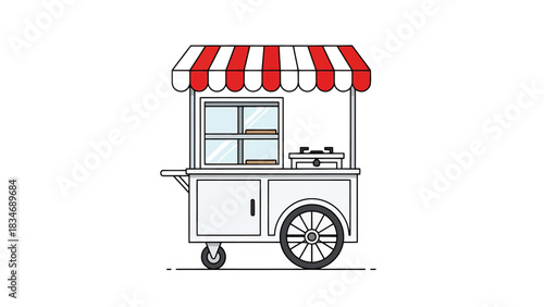 Vintage Food Cart Illustration with Striped Awning Mobile Food Vendor Stand