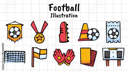 Hand Drawn Soccer Football Mega Doodle Icons Set: Cute Vector Illustration for Sport Game, Ball, Goal, Field, Trophy, Whistle, Uniform, Card, Cleats, and Scoreboard
