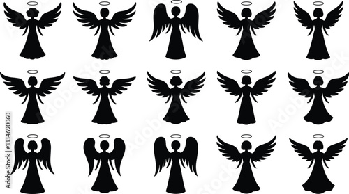 Angel silhouette icon, halo wing figure, spiritual vector design, black celestial beings, cad drawing flat vector illustration, divine art symbol