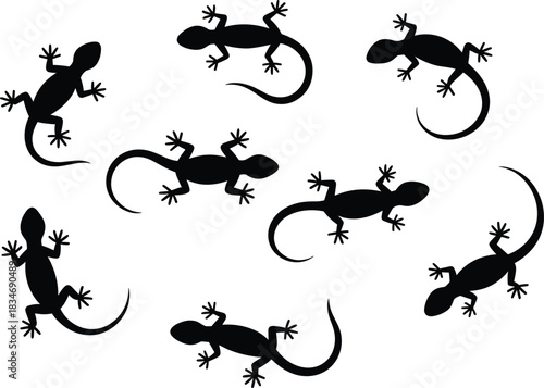 Gecko silhouette icon, lizard vector design, reptile pose collection, black animal shapes, cad drawing flat vector illustration, nature symbol set