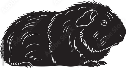 Black silhouette illustration of a domestic guinea pig side view, cavy rodent pet mammal, stylized vector graphic.