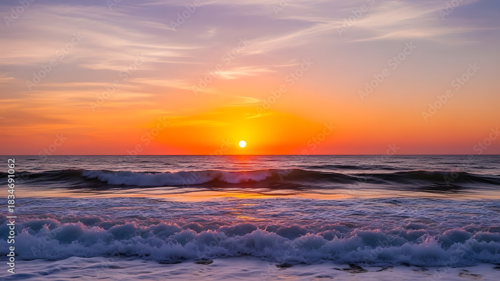 Obraz premium Beautiful ocean waves crashing on shore during a vibrant orange sunset with sunlight reflecting on the water's surface
