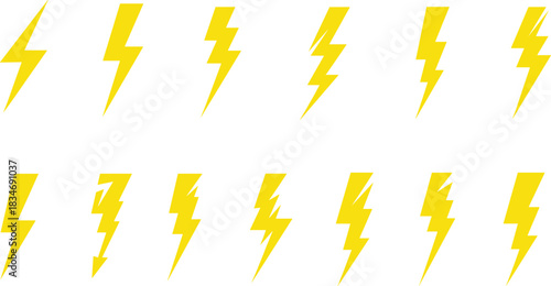 Yellow lightning bolt icons, energy symbol, power design, electric flash, graphic set, bold style, UI element, storm concept, variationYellow lightning 