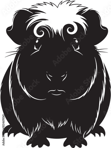 Stylized black and white vector illustration of a domestic pet guinea pig, a cute fluffy rodent creature front view
