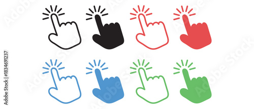 Two rows of colorful hand icons with index fingers pointing, each one outlined with a different color.