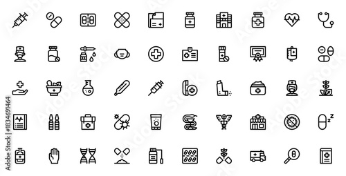 Medicine icon set. Vector healthcare symbols collecton. Includes vaccine, pill stethoscope, hospital, fist aid kit, pharmacy, dna,ambulance and more. Editabe stroke illustration.