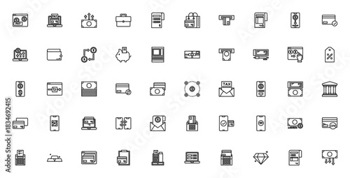 Payment_1982 icon set. Online payment vector icons. ncludes symbols for creditcard, QR code, online shoping, wallet, ATM, blockchan, transfer, bill and more Editable stroke.