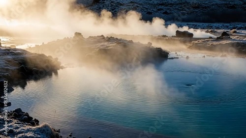 Sunrise Over a Steaming Geothermal Lagoon in Iceland.