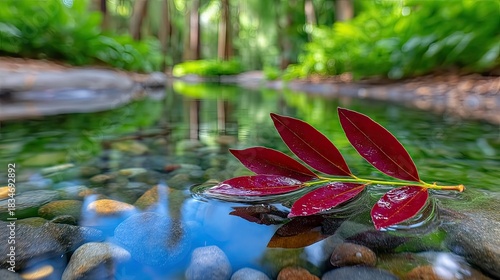 Red Leaf Floating on Water in Forest Stream