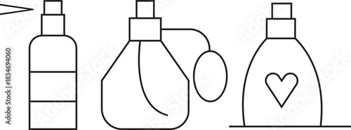 Perfume bottle icons set with various spray designs for fragrance and cosmetic packaging isolated on transparent background.