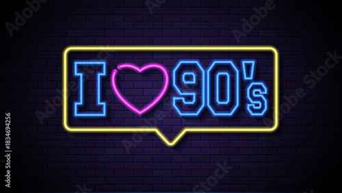 A neon sign reading i love 90s. Neon sign declaring love for 90s, great for nostalgic designs. Perfect for social media posts, websites, and retrothemed projects.