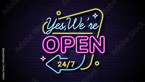 A neon sign reading we are open 24/7. Neon sign yes, were open 24/7 for business. Suitable for storefronts, restaurants, or any establishment looking for a welcoming glow.