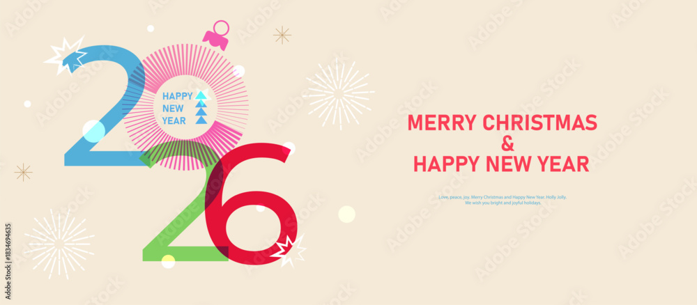 Fototapeta premium A horizontal banner for New Year and Christmas celebrations. Trendy abstract design. Bright colors, gradients, minimalist style. 2026 New Year number, geometric colorful logo card. Vector illustration