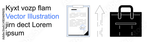 Business workflow, document management, career tasks, digital processes, office work, professional organization. Clipboard with document, upload arrow and briefcase icons. Document management
