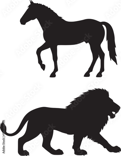 Black silhouette of a horse and a lion on white background animal wildlife