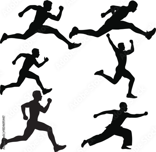 Black silhouettes of male athletes running jumping and in martial arts pose vector