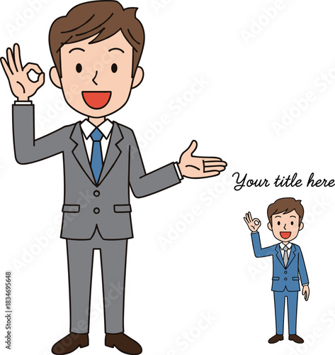 Enthusiastic cartoon businessman in a suit making a confident OK hand gesture while presenting or promoting a product symbolizing approval success and agreement