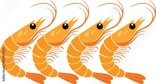 Four stylized orange shrimp are lined up, facing the same direction, with visible eyes and antennae.