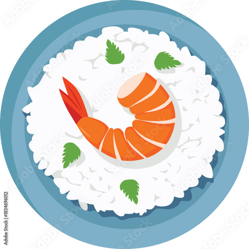 A stylized illustration of a shrimp resting on a bed of white rice, garnished with green mint leaves, presented on a blue plate.
