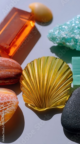 Shell, Stones, and Crystals Arranged on a Light Background