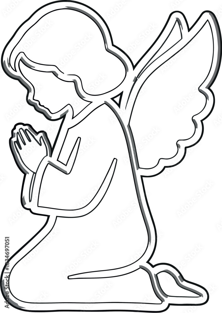 Fototapeta premium Simple outline of a kneeling angel in silver gray