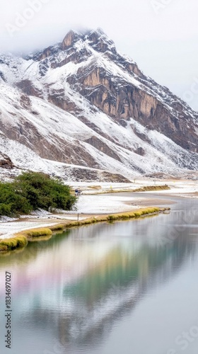 Snow-Capped Mountain Reflected in Calm Lake