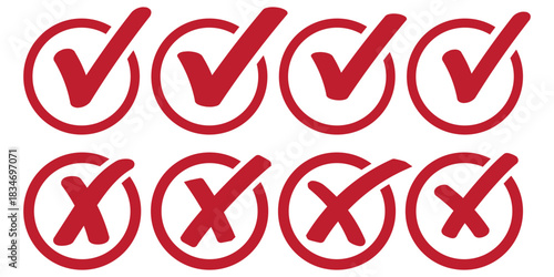 Check mark icons, cross symbols, correct and wrong signs, approval graphics, validation elements, decision indicators