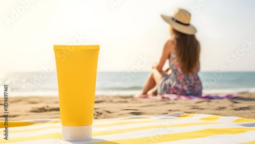 Sunscreen bottle on a beach towel with a person relaxing in the background