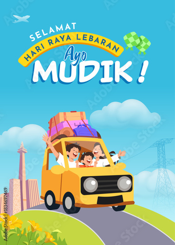 Family Mudik 2026 Illustration with Yellow Car Full of Luggage for Eid Homecoming Trip. Translation : Home Coming for Eid al Fitr Celebration. 