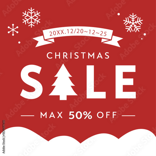 赤背景のクリスマスセールPOP（ツリー・雪・50%OFF・冬の販促バナー）