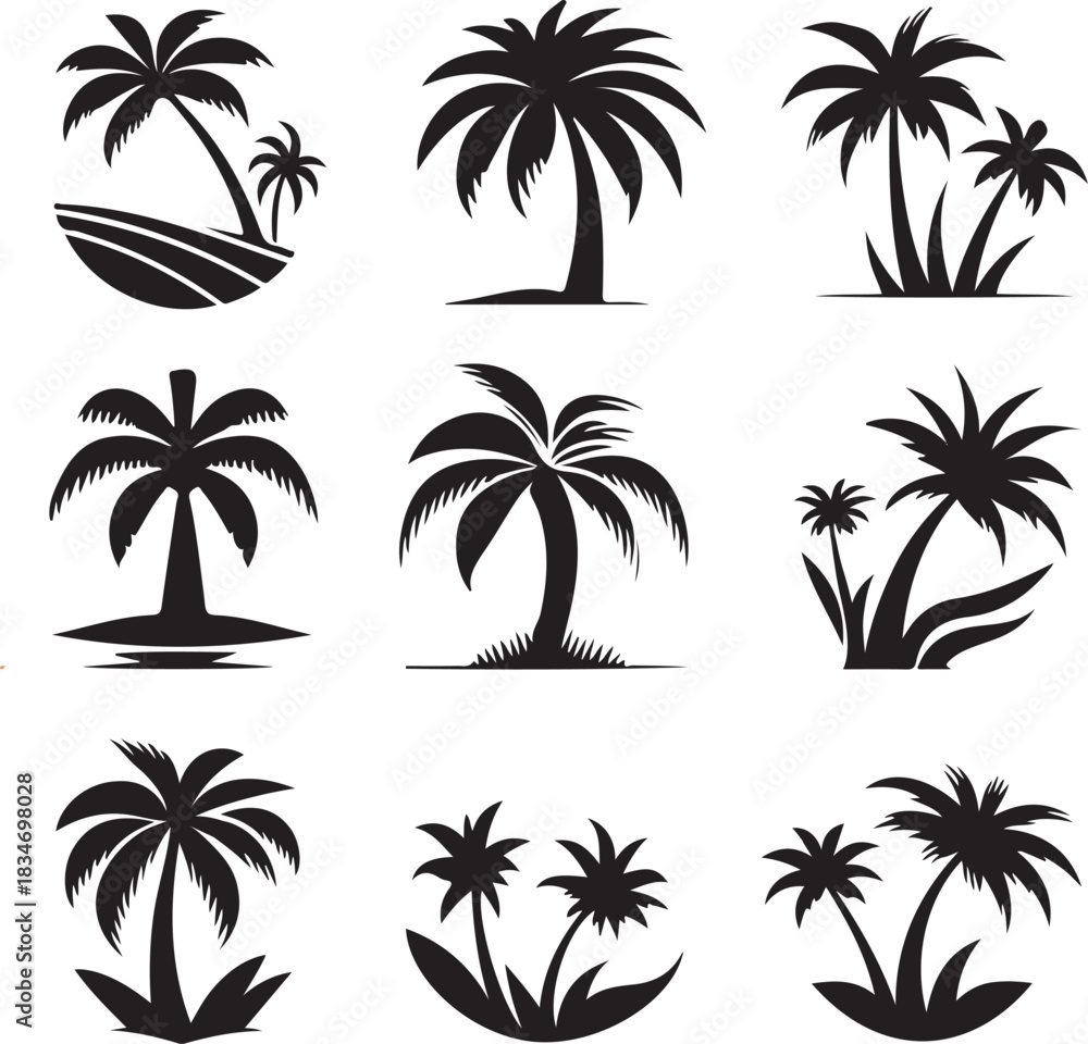 Fototapeta premium palm tree sunset silhouette set logo icon vector white background