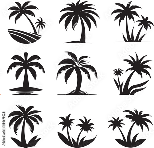 palm tree sunset silhouette set logo icon vector white background