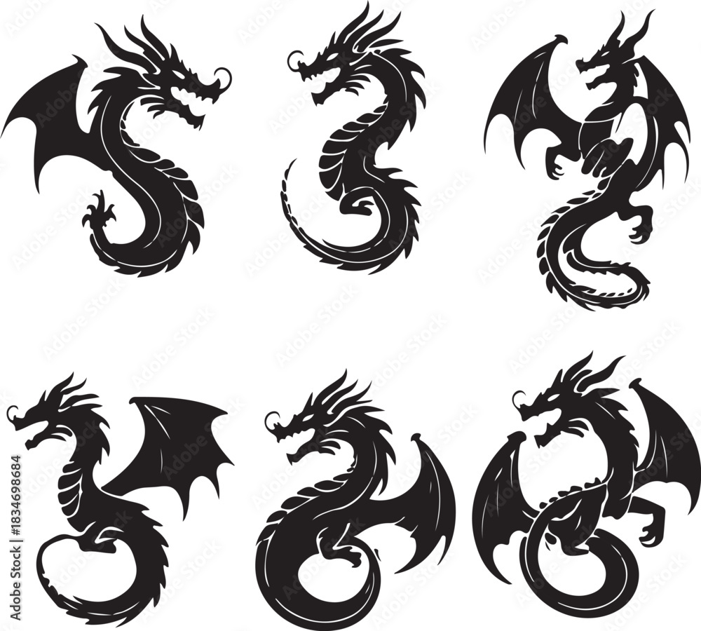 Fototapeta premium Dragon silhouette logo icon vector bundle set on a clean white background .