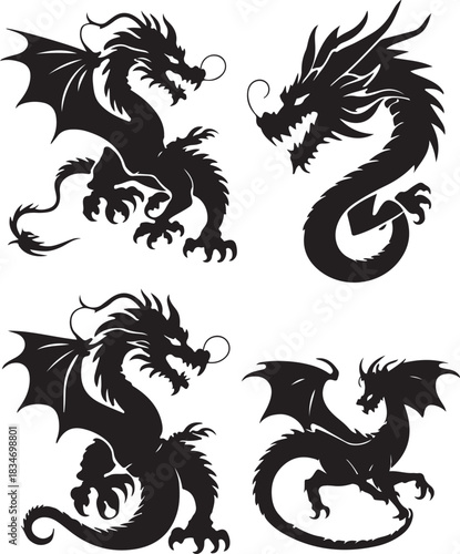 Dragon silhouette logo icon vector bundle set on a clean white background .