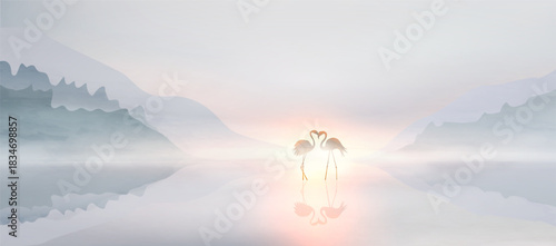 Landscape art background with mountains, hills, forest, and flamingos on the water, all in a watercolor style. A natural banner for decor, prints, wallpaper, textiles, and interior design.