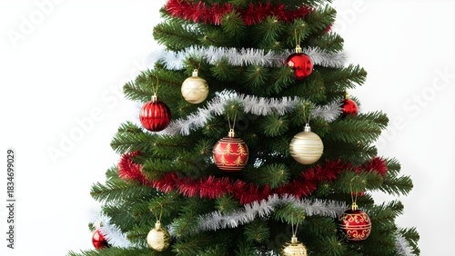 Traditional Christmas Tree with Baubles — White Background Cutout