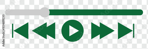 Music or video play bar icon. Audio player for songs or podcast playlist. Play, shuffle, repeat, rewind and fast forward buttons. Template of media player playback panel