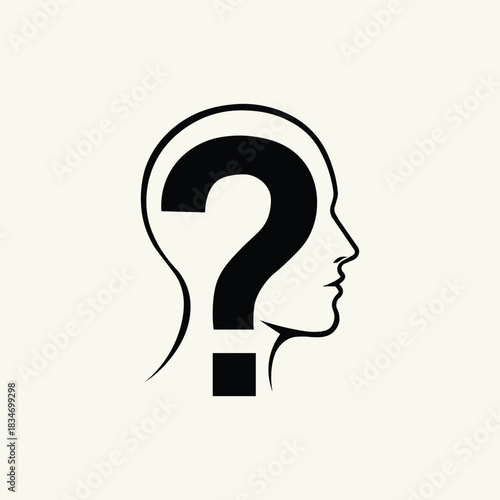 Human Profile Head Silhouette with Question Mark Symbolizing Doubt, Inquiry, and Thought