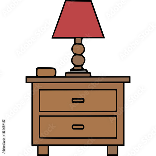 Classic wooden nightstand with two drawers and a red lampshade lamp on top and a small rectangular object beside it on a transparent background