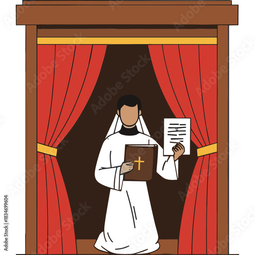 Clergyman Kneeling in Confessional Booth Holding Bible and Document with Red Curtains Open and Soft Lighting Suggesting Religious Ceremony or Service