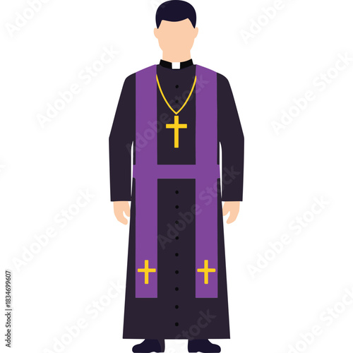 Clergy Member Wearing A Purple Stole Over A Cassock And A Golden Cross Necklace With A Black Background