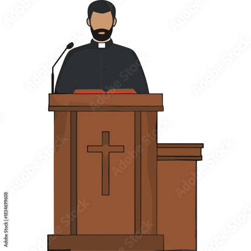 Cleric Standing at Wooden Podium with Bible and Microphone Wearing Black Clerical Shirt and White Collar Delivering Sermon or Speech to Congregation in a Church or Religious Institution