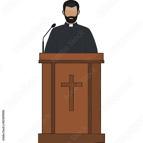Clergy Member Standing Behind Wooden Pulpit With Cross Symbol Giving A Sermon In A Church With Microphone And Black Clerical Clothing