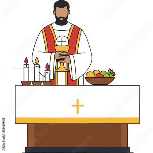 Cleric in White and Red Vestments Holds Chalice at Altar with Candles and Fruit Bowl During Religious Service with Golden Cross Detail on White Cloth and Wooden Base
