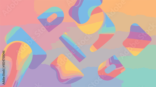 Colorful abstract 3D shapes with vibrant wavy patterns floating freely in a modern digital illustration with a soft pastel backdrop