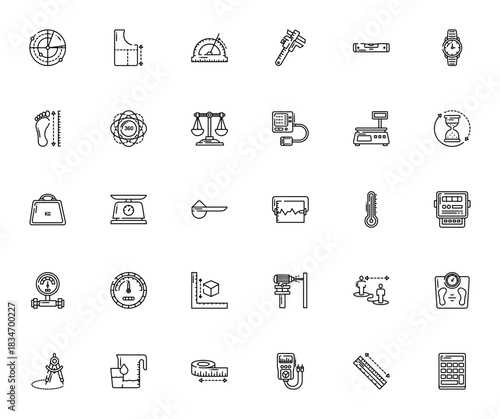 Measurement icon set. Vector illustration. Minimal lne icons pack. Includes sybols for radar, protractor ruler, thermometer, speedmeter, compass, calculator scale and more.