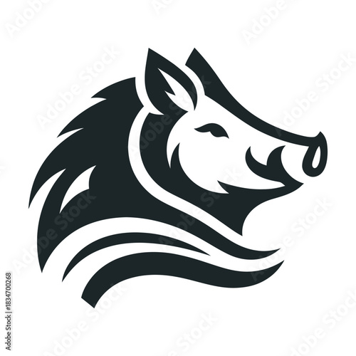 Intricate tribal wild boar head icon in bold black vector style, featuring detailed lines and stylized shapes, perfect for logo design, tattoo concept, emblem, mascot, or decorative illustration